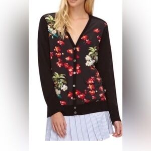 Equipment Black Cardigan with Red and White Floral Design